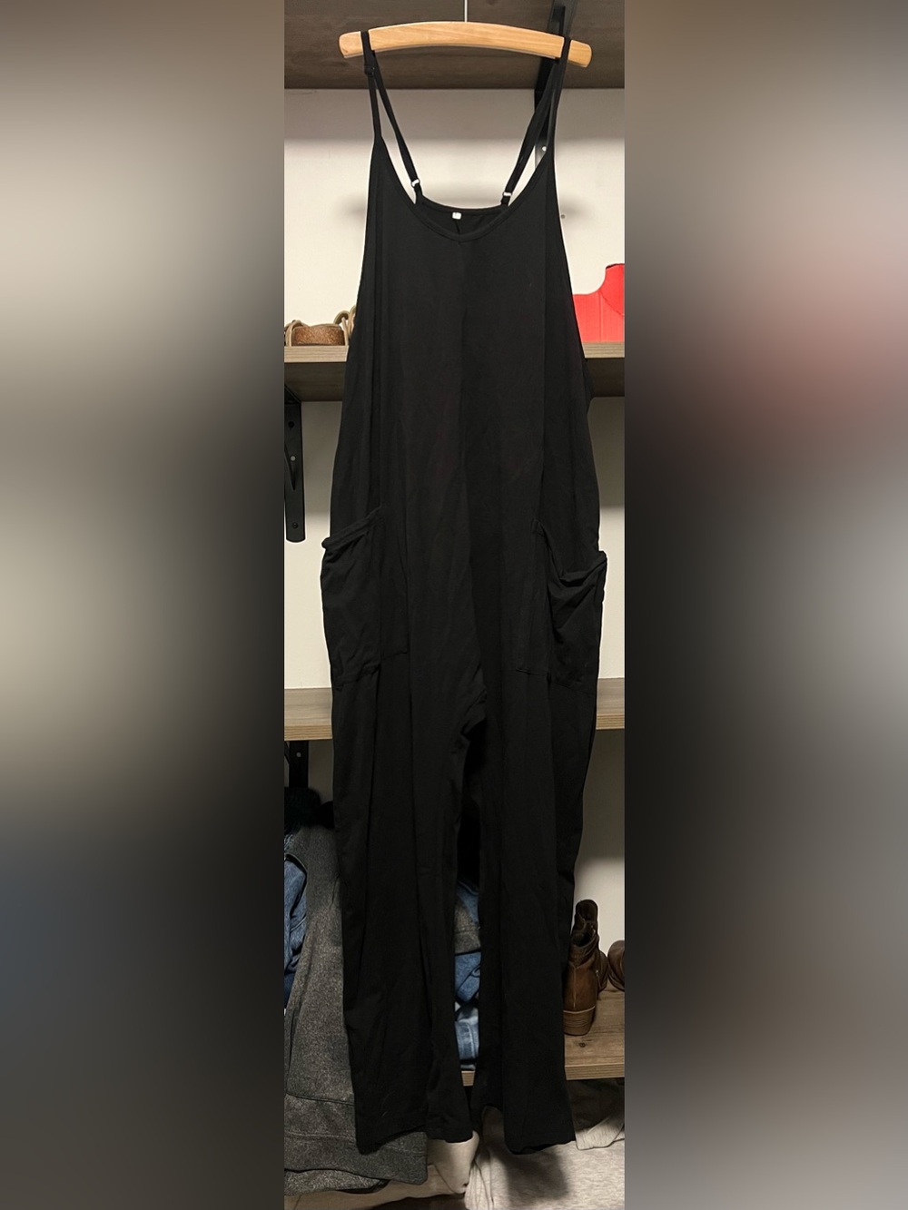 Women’s Black Relaxed-Strap Jumpsuit with Pockets